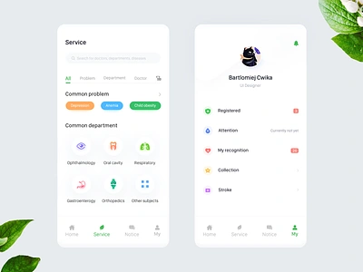 Medical services and personal center page app clean design medical service simple ui