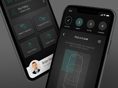 Auto Insurance File A Claim - Darker Concept app auto auto insurance calculator dashboard insurance iphone x mobile ui ux