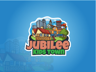 Kids Town Logo Illustration buildings cartoon city fun hand drawn hand made illustration kids logo logo design style town