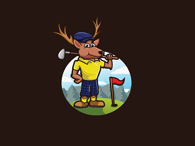 Elk playing the golf animal cartoon character elk golf hand drawn handmade illustration logo vector