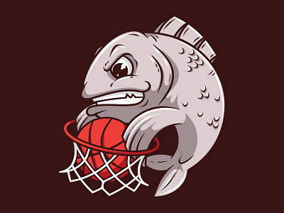 Fish Dunking Basketball animal basketball cartoon character design fish funny illustration playful sport