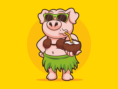 Hula Pig animal awesome cartoon character cute design funny hand drawn handmade illustration mascot pig playful vector