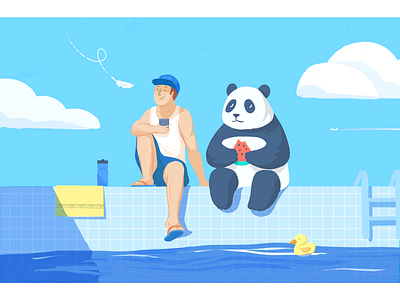 Summer time animals blue cloud cool cute fantasy feather funny illustration light panda season sky summer sunny swimming pool ui water