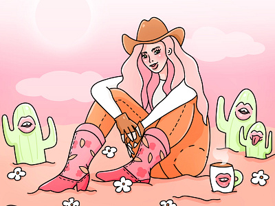 Texas girl cacti character coffee cowgirl desert illustration pink hair