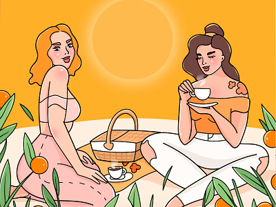 Picnic cartoon character character coffee coffee time friends garden illustration oranges picnic sunset tea time