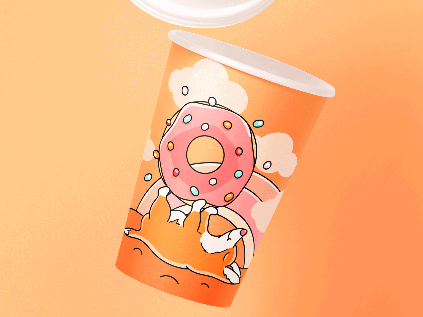 Coffee cup design animation branding character coffee coffee cup coffee design corgi cup cup design design dog donuts illustration mug mug design orange packaging design pink sweets takeaway