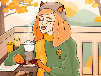 Fox and Coffee ads autumn bakery branding cartoon character cgart character cocoa coffee coffee shop croissant fox hat illustration lineart