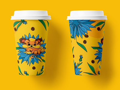 Yellow Coffee Cup blue flower cartoon character coffee coffee cup coffee cup design coffee shop cup design design illustration packaging design tiger yellow