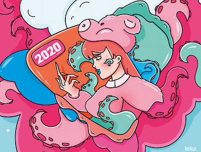 2020, Go away 2020 cgart character digital art digital illustration girl illustration lovecraft masquerade new year ny2021 octopus people pig pink postcard poster