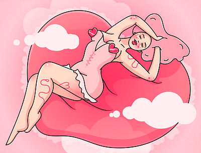 Valentine`s Card branding character clouds dribbbleweeklywarmup heart illustration pink pinup postcard poster valentine valentinesday woman