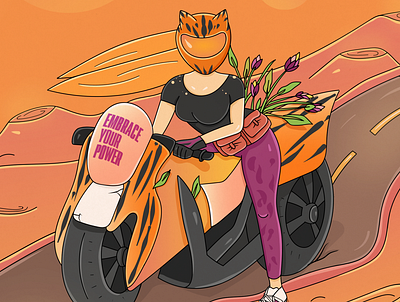 Biker Girl bike biker cgart character desert flowers girl helmet illustration poster power sunset woman