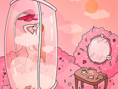 Taking a shower bathing character fairy fantasy flowers garden girl illustration pink postcard poster shower sunset woman