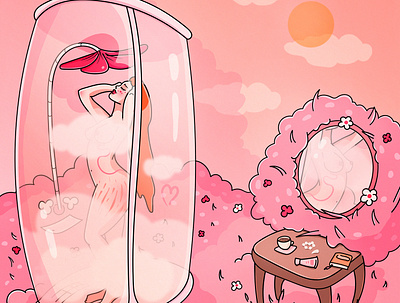 Taking a shower bathing character fairy fantasy flowers garden girl illustration pink postcard poster shower sunset woman