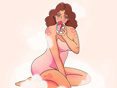 Coffee Time beige ceramics character clouds coffee girl illustration pink pinup poster swimsuit tattoos woman