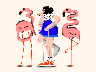 Flamingo summer accident artwork broken leg character character design crutches editorial illustration flamingo illustration procreate summer