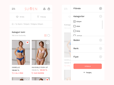 Suwen Redesign #2 | Product List & Filter app fashion filter lingerie mobile pink product product list underwear women