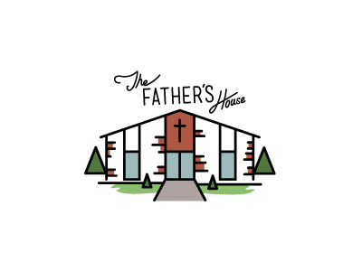 The Father's House brick building church cross door illustration lost type mensch religious script tree