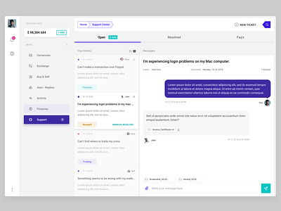Marketplace - Support UI clean currency dash dashboad design message modern support ui ux web web app website