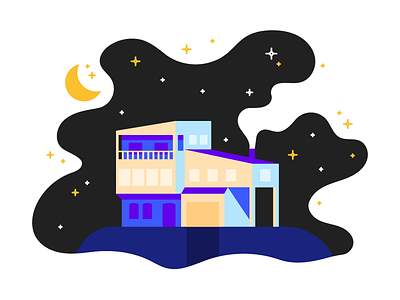 Sleepy House flat home house illustration moon night sleep stars