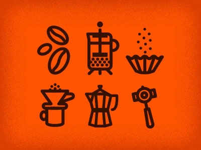 Ground coffee cone filter espresso flat bottom french press glyphs grind icons logos press stove top espresso whole bean