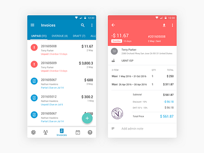 CRM Invoice android android app app billing clean client crm flat invoice material principle ui ux
