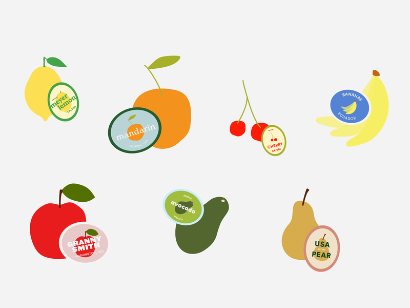 fruity stickers avocado cherry color flat fruit fruit stickers graphic illustration illustrator lemon minimal orange pear type typography vector
