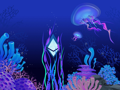 Ether in the ocean🐠 blockchain crypto cryptocurrency currency design ethereum ethworks exchange gradient illustration landing ocean sea life website