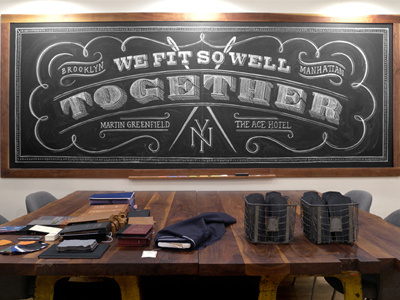 Ace Hotel + Martin Greenfield ace hotel chalk custom hand lettering installation lettering needle sewing suits tailor thread typography