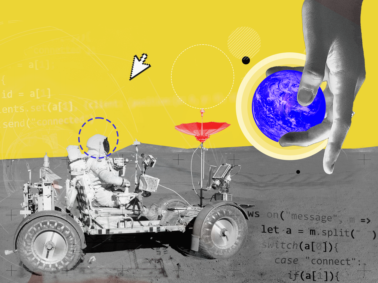 Digital product need a solution architect astronaut collage colors cover giff illustration moon planet poster space ui yellow
