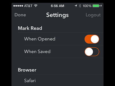 Fire Settings interface iphone reader rss settings switch switches table