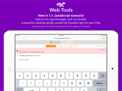 Marketing Screenshots: JavaScript Console app ios ipad