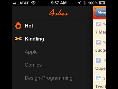 Ashes Menu fever ios iphone menu rss