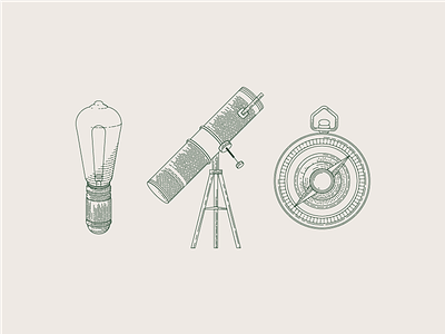 exploration icons adventure light bulb compass exploration explore iconography icons line drawing telescope