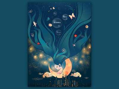 Dream-First work at dribbble cloud creativity dribbble girl graphic hair illustration moon night shanghai star