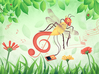 Dragonfly creativity dragonfly flowers graphic grass illustration leaves mp3 music note texture