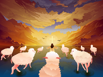 Jesus and sheep christ creative cross faith gradient illustration jesus jesus christ reflection religion sea sheep sunset visualization