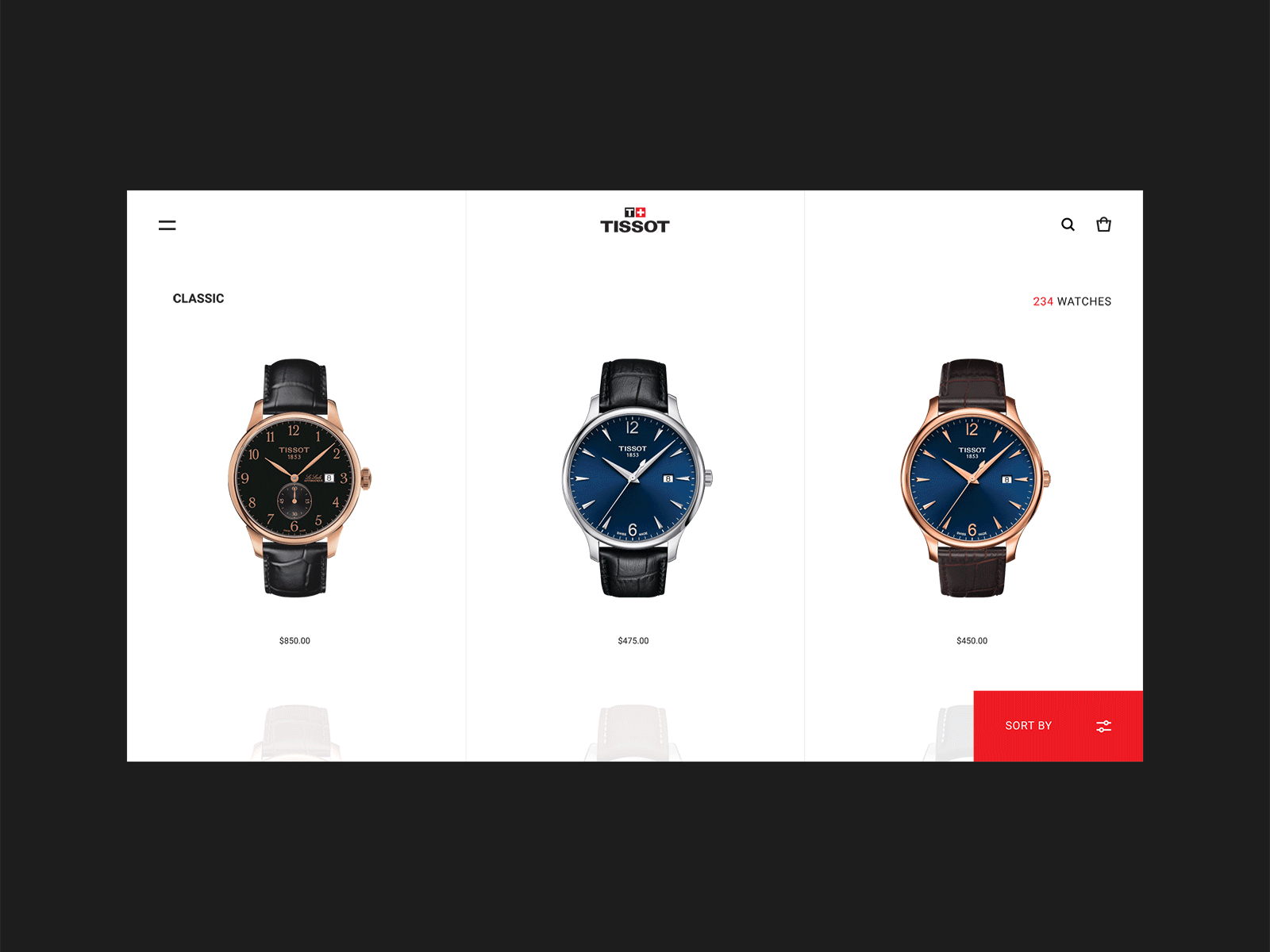 TISSOT. Watch catalog page clock products red timer tissot ui ux watch watches web