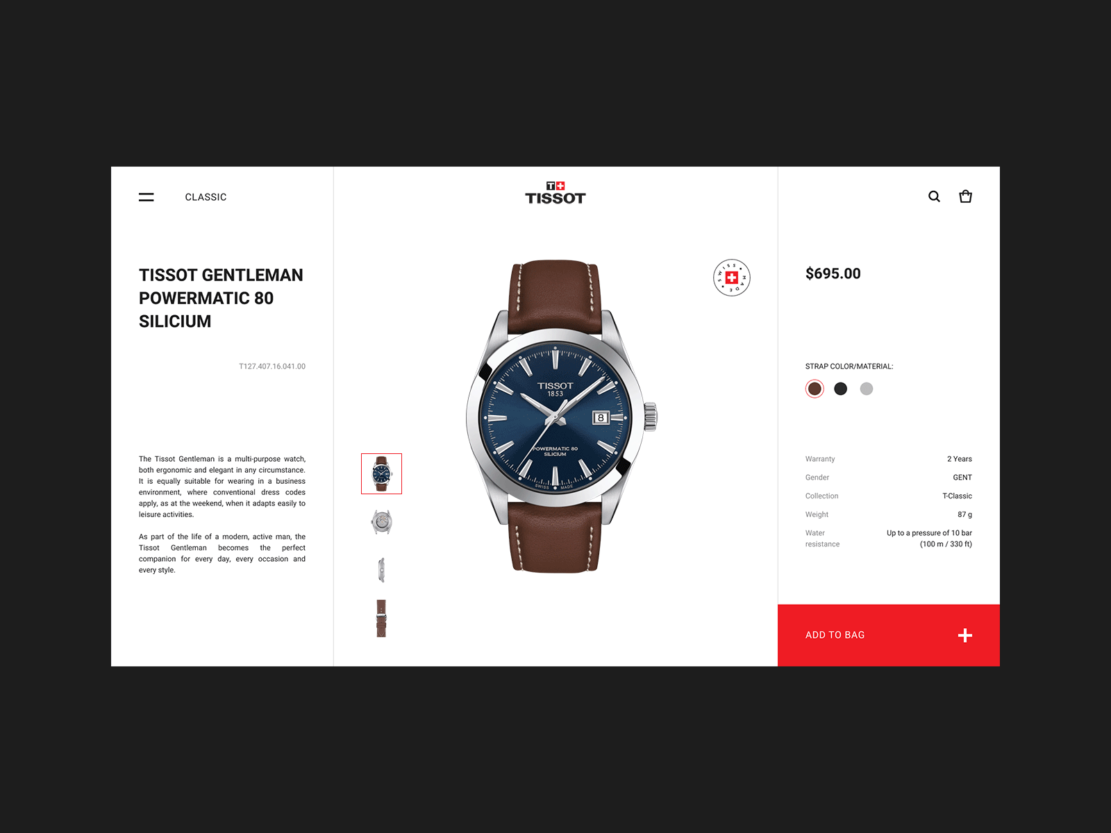 TISSOT. Watch page. Gallery gallery interface product shop store tissot ui ux watch web