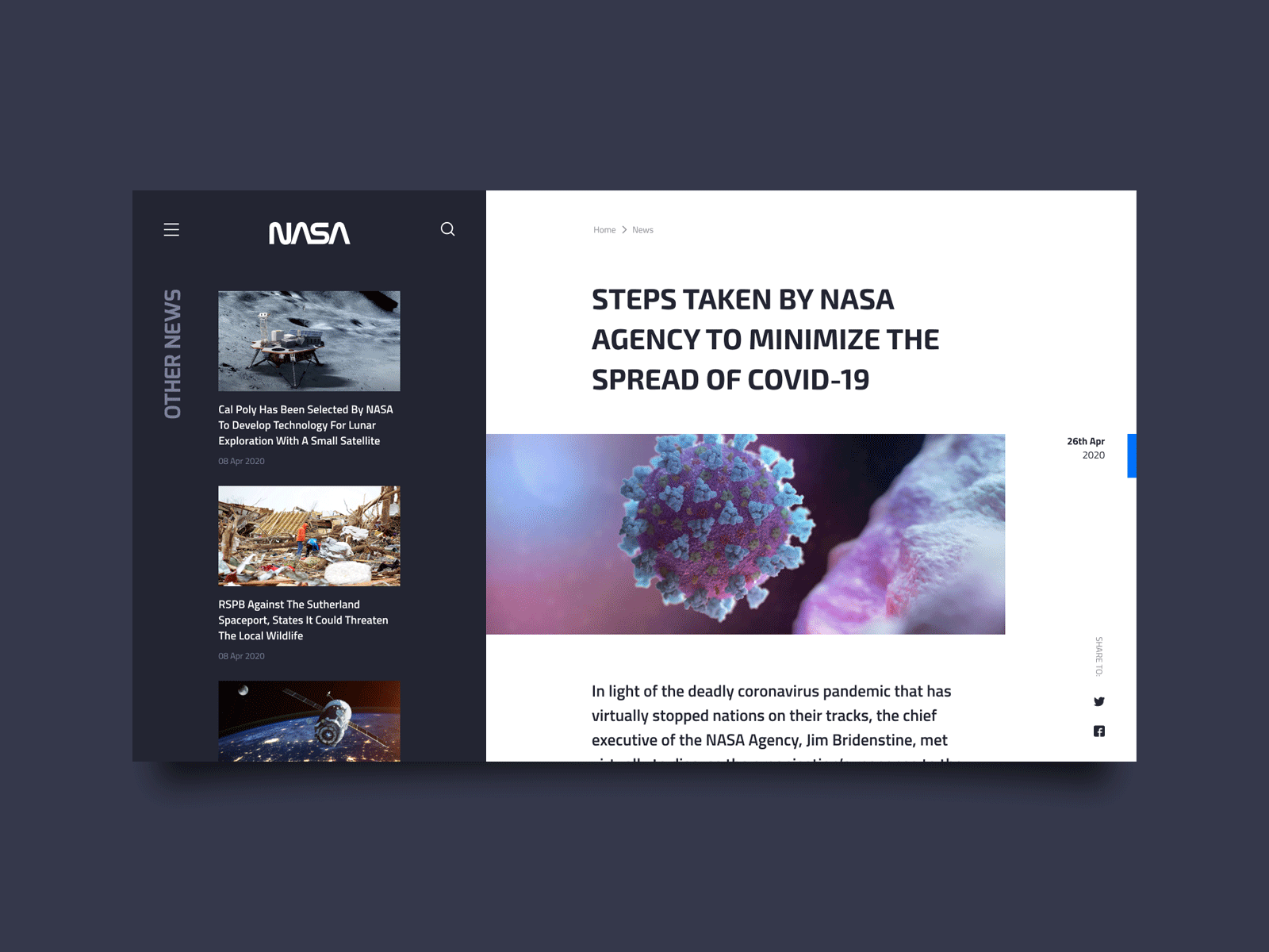 NASA blog concept. Single news page design astronaut blog coronavirus covid covid19 interface nasa news rocket space ui ux web