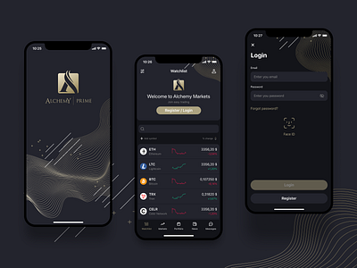 Alchemy Markets. Cryptocurrency App app crypto cryptocurrency dark mobile money ui ux