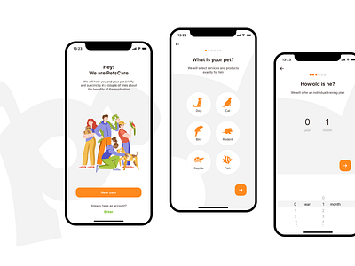 Pets Care App. Registration funnel app applicatiom cat dog mob mobile orange pets ui ux