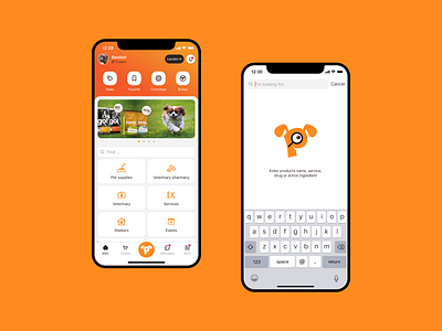 Pets Care App. Main page and Search animals app applycation cat dog mob orange pets ui ux