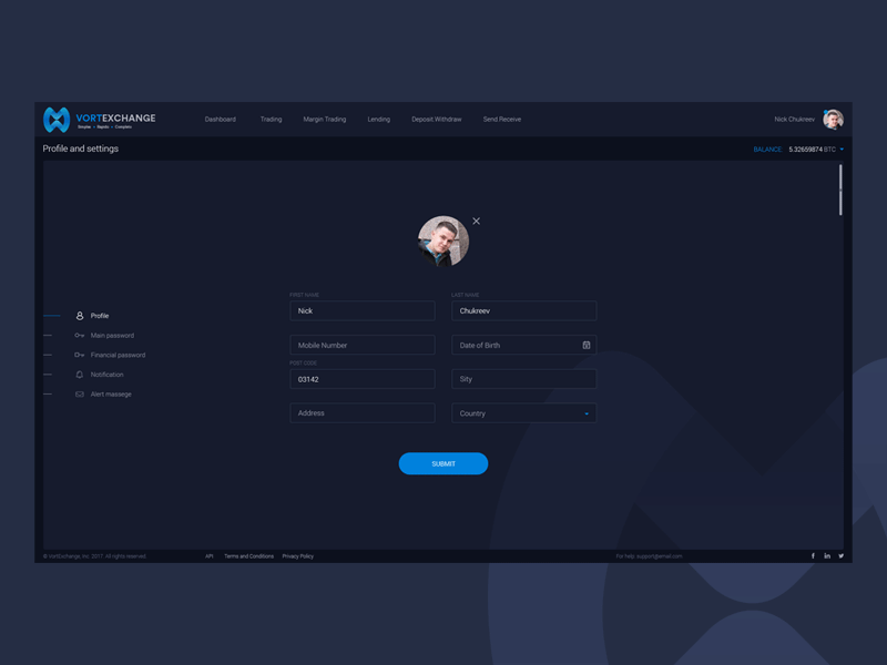 Profile and settings page blockchain coin crypto cryptocurrency dashboard exchange google interface material materialize ui ux