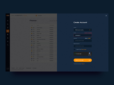Create Account page. P2PB blockchain coin crupto cryptocurrency dashboard exchange interface login registration signup ui ux