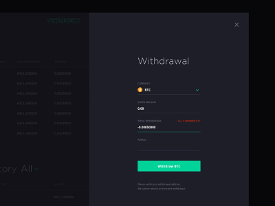 STABEX. Withdrawal page. Pop-up bitcoin blockchain btc coin crypto cryptocurrency dashboard design exchange interface popup stabex ui ux web withdrawal