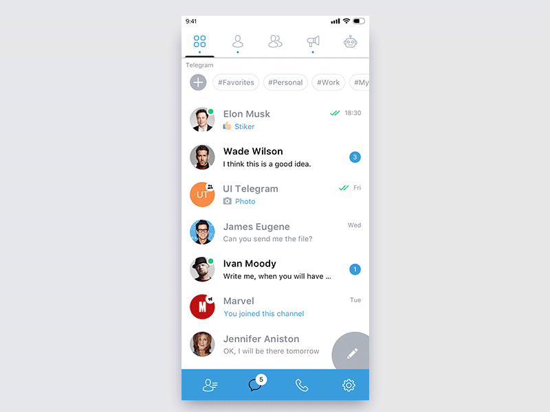 App concept - Telegram. Chat list app blue chat interace message message app telegram ui ui ux user ux