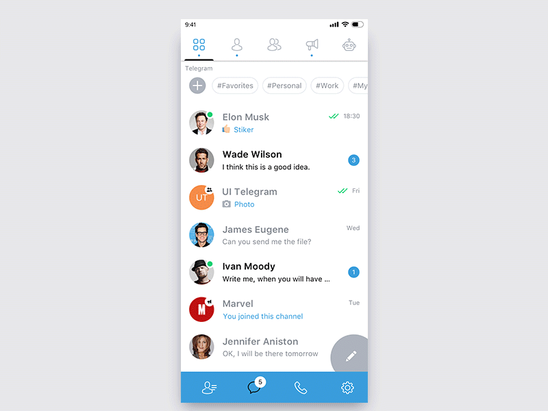 App concept - Telegram. Chat app avatar blue chat design interface list message app mobile people telegram ui ux