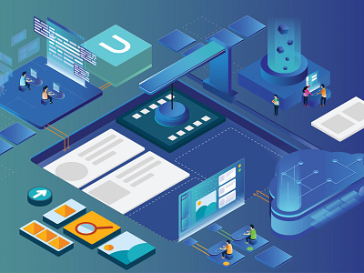 Component based software app builder blue cloud components design factory illustration internet of things iot isometric light rapid saas saas landing page services technology umajin