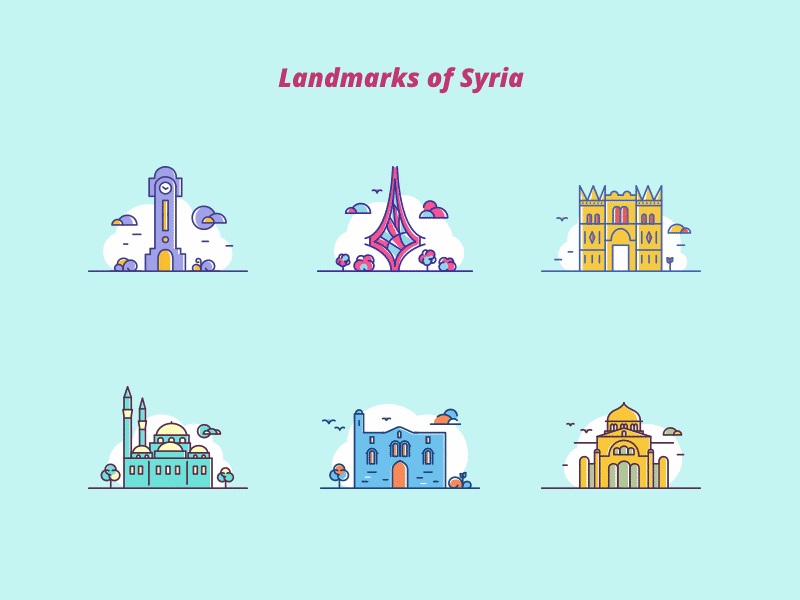 Landmarks of Syria line art illustration culture hama homs damascus icon landmarks syria
