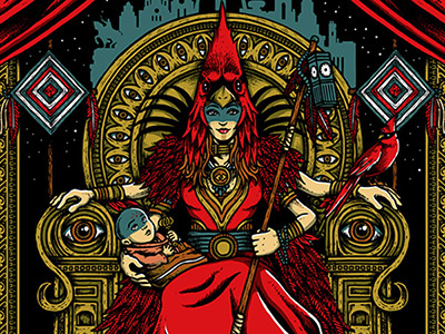 Cardinal Queen feathers gigposter gold hand drawn screenprint st. louis widespread panic